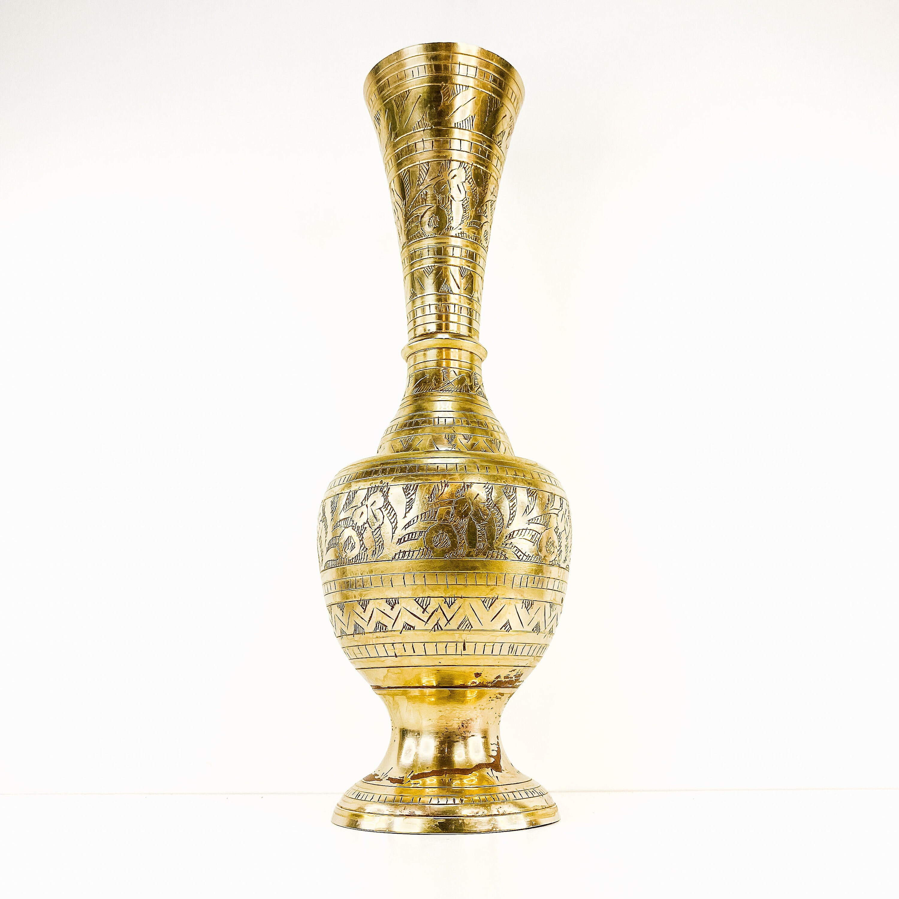 Vintage 1970s Brass Tall Vase With Etched Floral Designs, Made in India