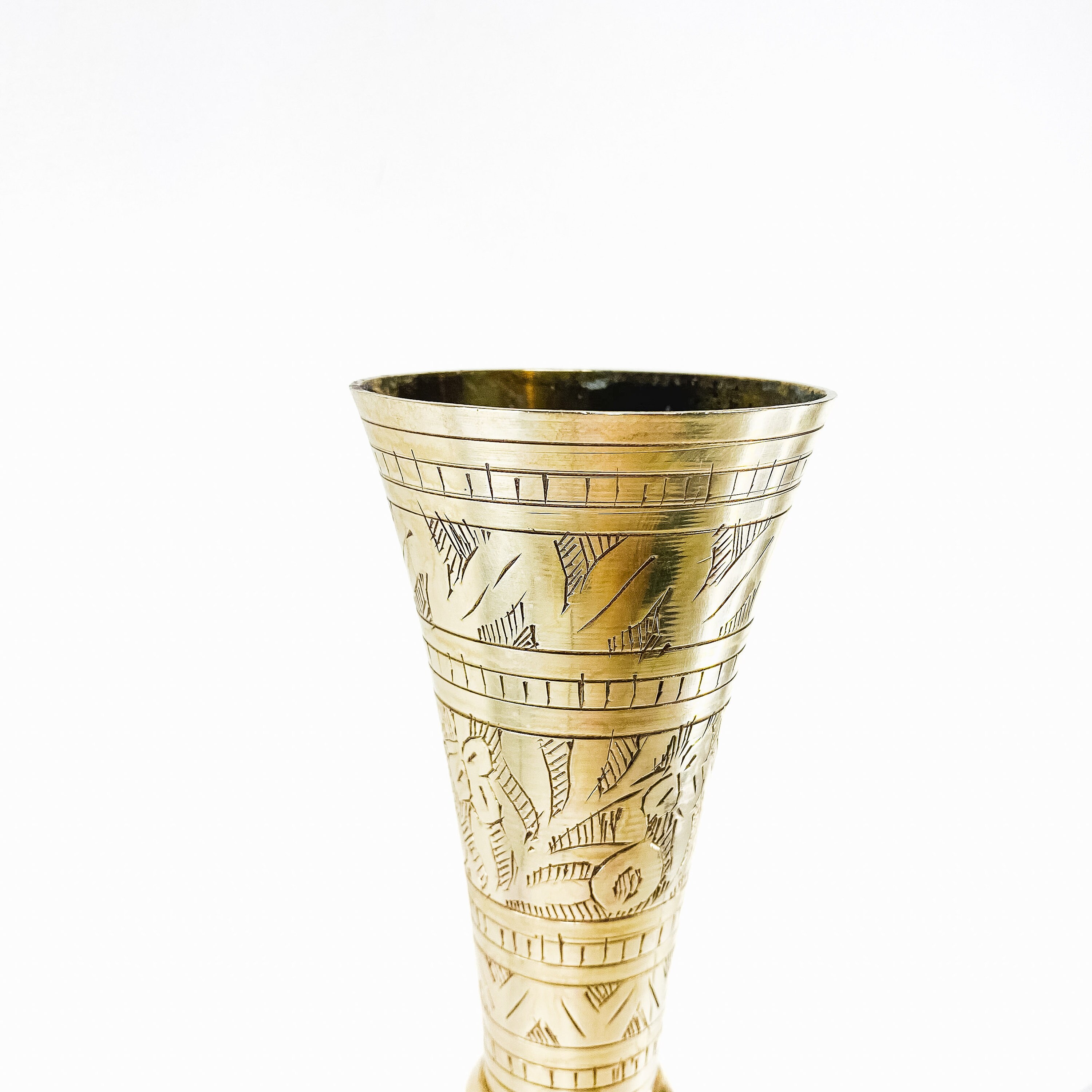 Vintage 1970s Brass Tall Vase With Etched Floral Designs, Made in India