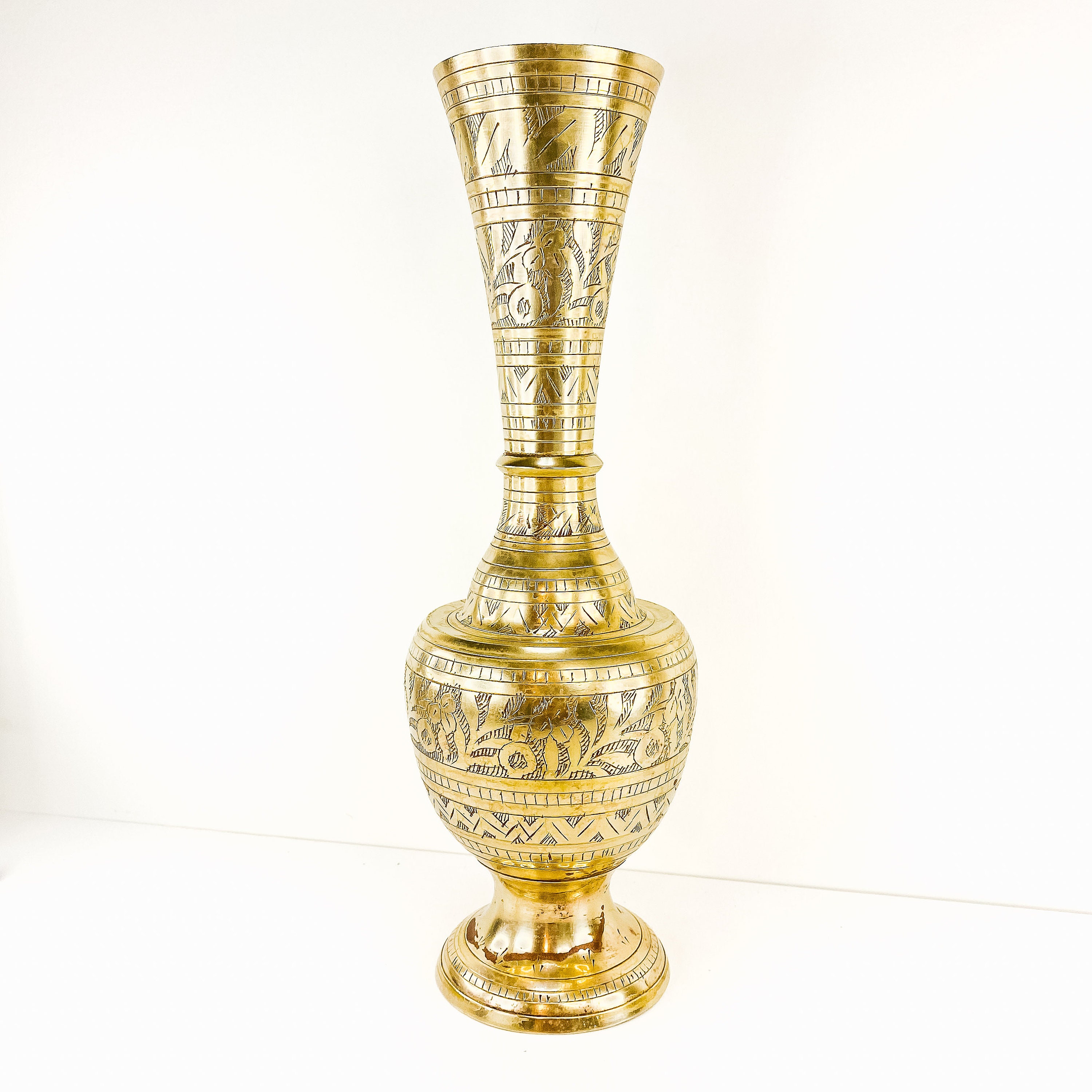 Vintage 1970s Brass Tall Vase With Etched Floral Designs, Made in India