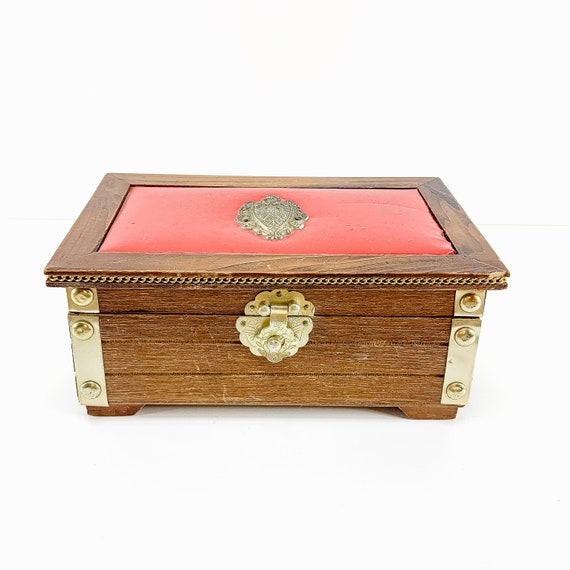 Vintage MCM Solid Wood Jewellery Box with Red Viny