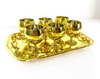 Vintage Brass Goblets Set of 6 with Tray - Rare Miniature Hammered Chalices - Made in India 1960s