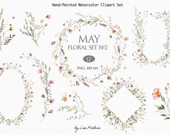 Watercolor Wildflower Frames, Wreaths Bouquets. Summer Wildflowers PNG Digital Download Cliparts