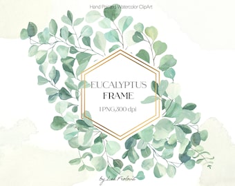 May include: Watercolor clipart featuring a eucalyptus frame with a gold geometric border. The frame is surrounded by light green and blue-green eucalyptus leaves. The text "EUCALYPTUS FRAME" is inside the frame, along with "1 PNG, 300 dpi".