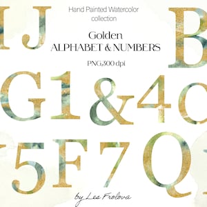 May include: Golden watercolor alphabet and numbers with a green and blue background. The letters and numbers are in a serif font and have a gold glitter effect.