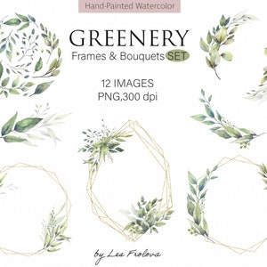 Aquarell Greenery Frames, Greenery Bouquet, Blätter Kranz Clipart, Eukalyptus Hochzeitseinladung Vorlage PNG Digital Download