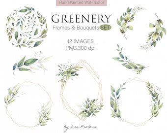 May include: Watercolor greenery set featuring various green leaf arrangements, including wreaths, bouquets, and geometric frames. The set includes 12 images in PNG format at 300 dpi. The text on the image says "Hand-Painted Watercolor" and "GREENERY Frames & Bouquets SET".