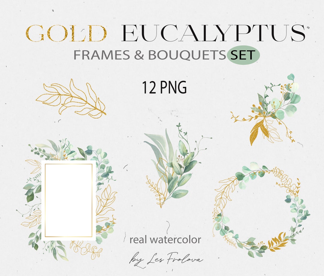 Watercolor Eucalyptus Wreath, Greenery Frame, Gold Leaves Wreath ...