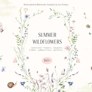 Puede incluir: Ilustración en acuarela con el texto "SUMMER WILDFLOWERS" y elementos florales. La imagen incluye una mariposa, un caracol y una mariquita. También está presente el texto "watercolor flowers, bouquets, frames, compositions, patterns...".