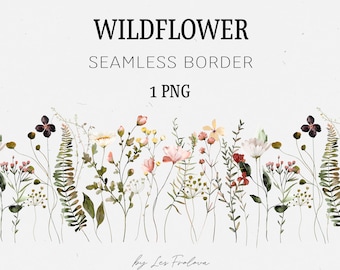 Wildflower Seamless Border Clipart PNG, Floral Frame Image, WildFlower Floral Watercolor Border