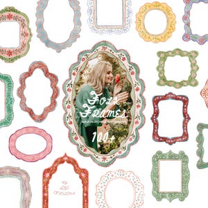 May include: A collection of various decorative picture frames featuring hand-painted floral and ornamental patterns in shades of green, red, blue, yellow, and pink. One central frame displays a photograph of a person holding a flower with text.