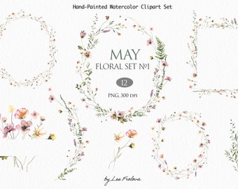 Watercolor Wildflower Cliparts, Floral Frames, Bouquets. Wildflowers PNG Digital Download