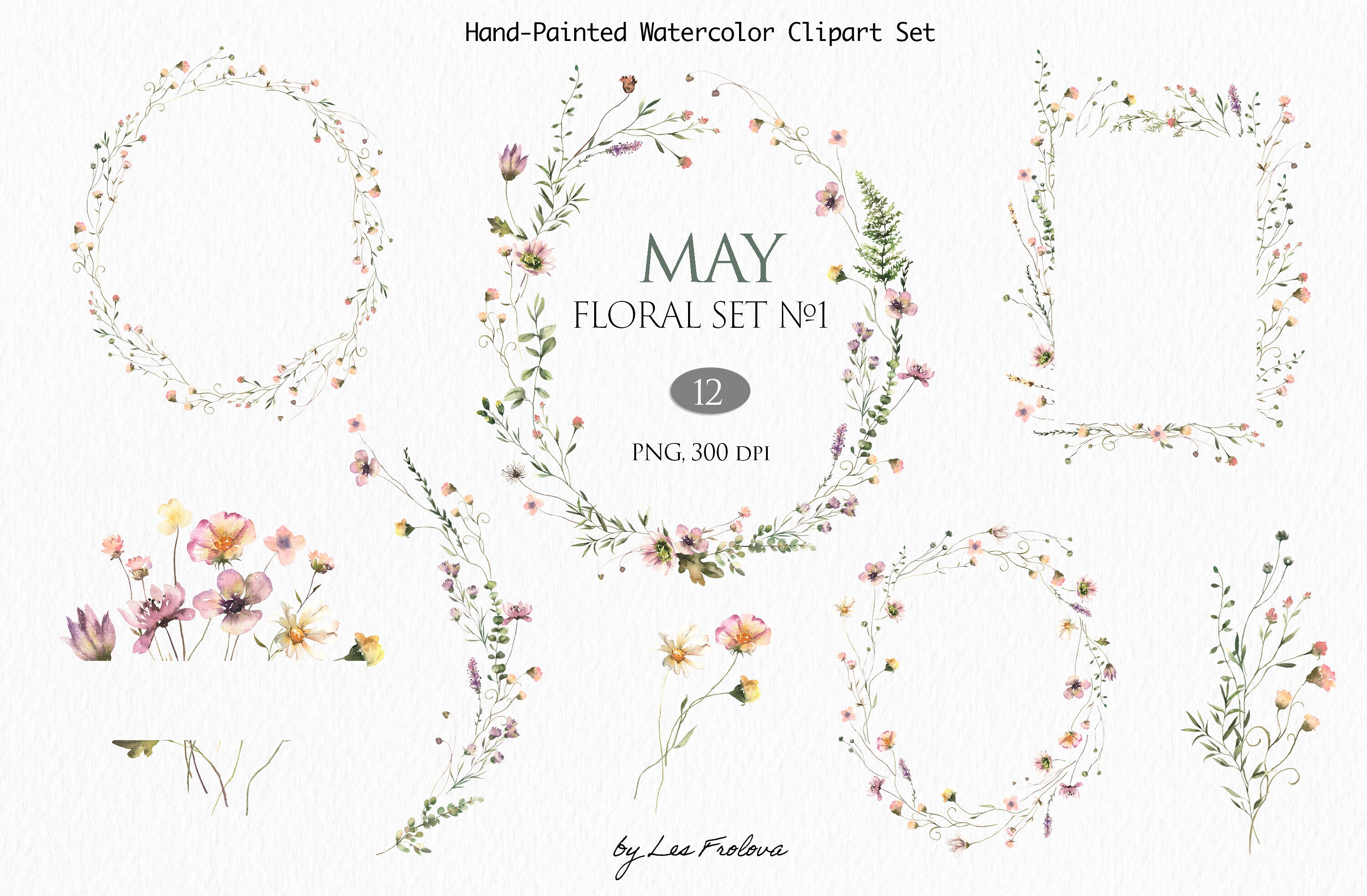 Watercolor Wildflower Cliparts, Floral Frames, Bouquets. Wildflowers PNG Digital Download