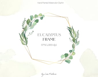 Watercolor Eucalyptus Frame, Digital Greenery Gold Frame, Greenery Leaves Wedding Eucalyptus PNG Image