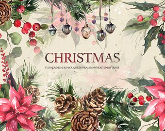 BIG Aquarell Weihnachtsclipart-Sammlung, Weihnachtsrahmen, Kränze, Blumensträuße. Weihnachtsblumenstrauß-Sammlung PNG.