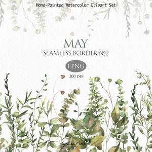 Watercolor Green Leaves Seamless Border Clipart, Summer Floral Border, Greenery Watercolor Clipart, Field Flowers Frame
