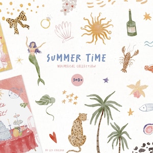 Könnte beinhalten: Aquarellillustrationen mit Sommerthema. Enthält eine Meerjungfrau, einen Leoparden, Palmen und Lebensmittel wie einen Hummer und eine Orange. Der Text "Summer Time Whimsical Collection" ist sichtbar.