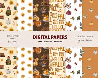 May include: Four digital paper designs featuring autumnal themes. The first design features a white background with yellow sunflowers, pumpkins, and a girl wearing a brown sweater and a green hat. The second design features a brown background with a pumpkin, sunflowers, and a bird. The third design features a white background with red and yellow leaves, berries, and the text "HELLO FALL". The fourth design features an orange background with white pumpkins.