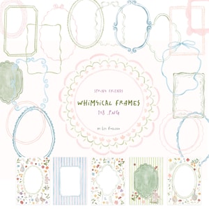 May include: A collection of whimsical watercolor frames in various shapes and colors, including oval, rectangular, and scalloped designs. The image features the text "Spring Friends Whimsical Frames" and includes floral and striped frame designs.