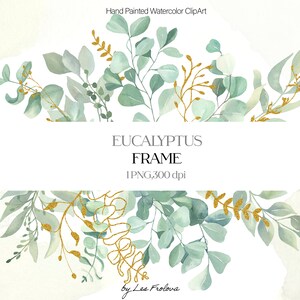 Puede incluir: Clipart de acuarela pintado a mano con un marco de eucalipto. El diseño incluye hojas de eucalipto verdes y detalles dorados, con el texto "EUCALYPTUS FRAME" en el centro. La imagen está etiquetada como 1 PNG, 300 dpi.