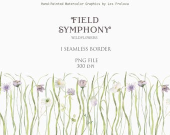 Watercolor Flower Seamless Border Clipart, Summer Wild Flower Border, Field Wedding Invitation PNG Digital Download