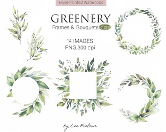 May include: A set of 14 watercolor illustrations of greenery frames and bouquets. The images are in PNG format and are 300 dpi. The illustrations are hand-painted and feature various arrangements of green leaves and branches.