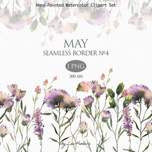 Akwarela Wildflower Seamless Border Clipart PNG, Letnia granica kwiatowa, Pole kwiatów akwarela Clipart, Pole fioletowe kwiaty