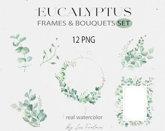 Watercolor Eucalyptus Frames, Greenery Wreath, Leaves Wreath Clipart. Eucalyptus Wedding invitation Template PNG Digital Download