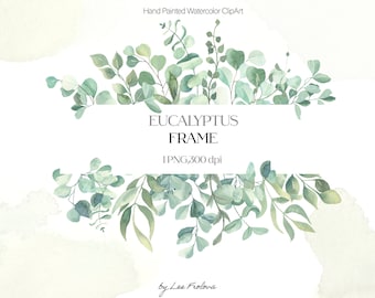 Watercolor Eucalyptus Frame Clipart, Greenery Frame, Digital Greenery Garland, Wedding Eucalyptus Clipart, Digital Download PNG