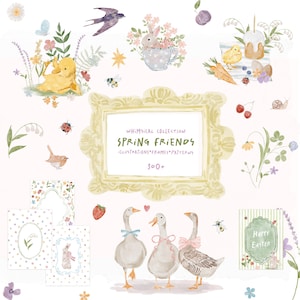 May include: A collection of watercolor illustrations with a spring theme. The image features a variety of elements, including a duckling, bunny, birds, bees, geese, and floral arrangements. The text "Spring Friends" is displayed within a decorative frame.