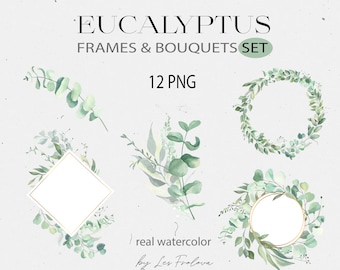 Watercolor Eucalyptus Bouquet, Greenery Frame, Leaves Wreath Clipart. Eucalyptus Wedding invitation Template PNG Digital Download