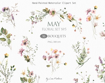 Clipart di mazzi floreali, Clipart di mazzi estivi di fiori di campo, Clipart ad acquerello, Clipart di mazzi botanici