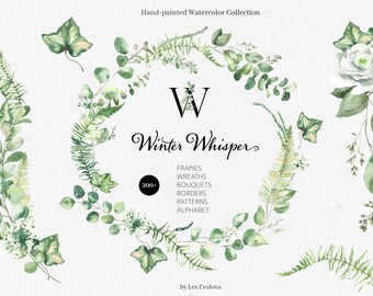 Puede incluir: Colección de acuarela pintada a mano de vegetación, hojas y flores. La colección incluye marcos, coronas, ramos, bordes, patrones y un alfabeto. El texto "Winter Whisper" está escrito en cursiva. La colección incluye más de 200 elementos.