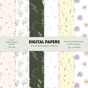 Watercolor Wildflowers Digital Paper Set, Watercolor Flowers Seamless Patterns, Digital Download Background