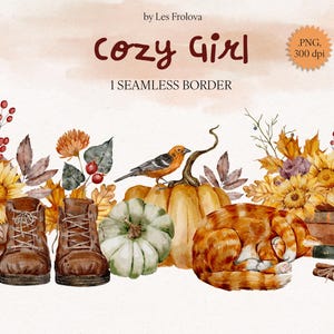 Puede incluir: Una ilustración de acuarela de un borde sin costuras que presenta elementos otoñales, incluyendo calabazas, girasoles, hojas, botas, un gato y un pájaro. El borde también incluye una vela con el texto "Cozy Season" y una pila de libros.