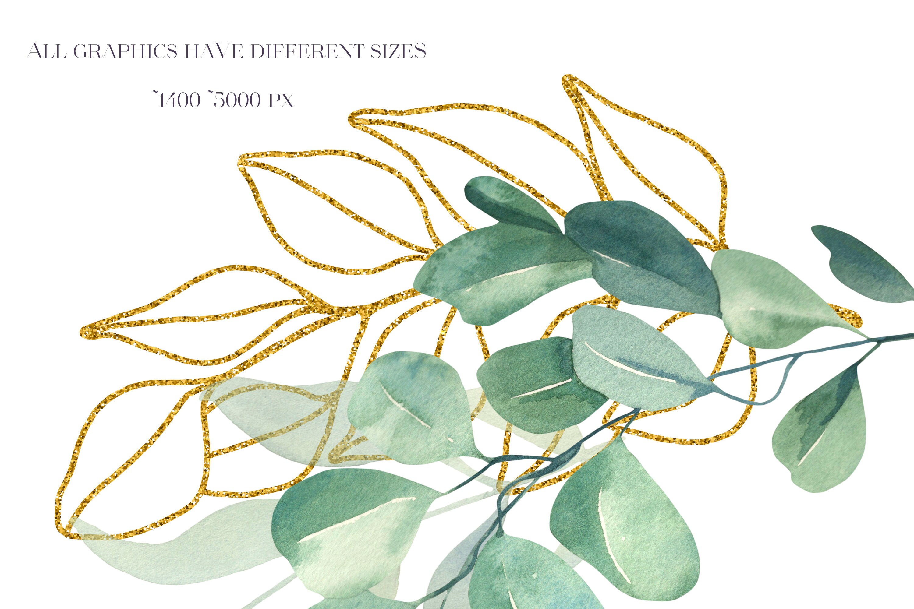 Watercolor Eucalyptus Wreath, Greenery Frame, Gold Leaves Wreath ...