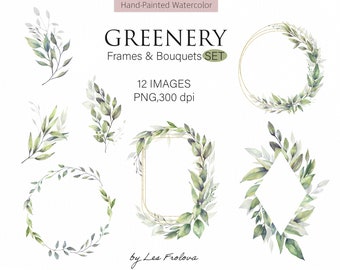 Watercolor Greenery  Bouquets, Greenery Foliage Wreath, Leaves Frame Clipart. Eucalyptus Wedding invitation Template PNG Digital Download