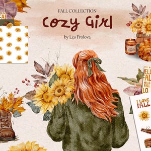 Grandes cliparts aquarelle fille confortable, bouquets de tournesols, motifs d'automne, compositions d'automne, citrouille, chat, feuilles d'automne téléchargement numérique PNG