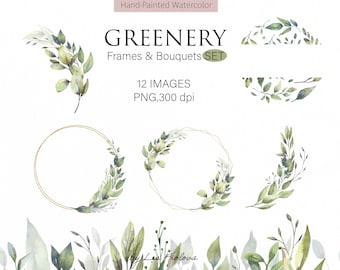 Watercolor Greenery  Bouquets, Greenery Foliage Drop, Leaves Wreath Clipart. Eucalyptus Seamless Border PNG Digital Download