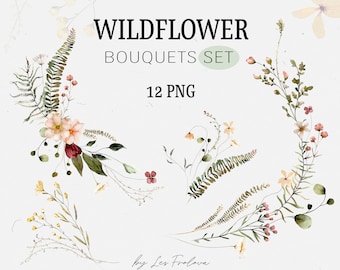 Wildflower Summer Bouquets Clipart - Acquerello Bouquets Clipart PNG - Inviti floreali per matrimoni