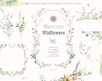 Watercolor Wildflower Frames, Wreaths Clipart Set, Floral Wreaths Instant PNG Digital Download