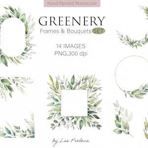 Watercolor Greenery Bouquets Clipart, Greenery Foliage Wreath, Leaves Frame Clipart, Wedding invitation Template PNG Digital Download