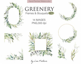 May include: A set of 14 watercolor greenery frames and bouquets in shades of green. The images are high resolution, 300 dpi, and perfect for adding a touch of nature to your designs.