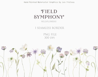 Flowers Seamless Border Clipart, Summer Wild Flower Border, Wedding Invitation PNG Digital Download