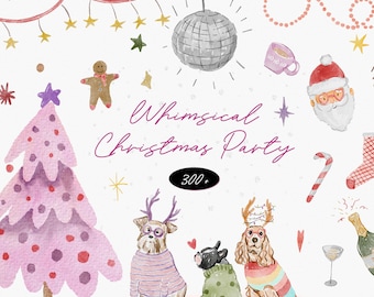 May include: Watercolor illustration with a Christmas party theme. Features a pink Christmas tree, disco ball, Santa Claus, and dogs wearing sweaters and antlers. Text reads "Whimsical Christmas Party" and "300+".
