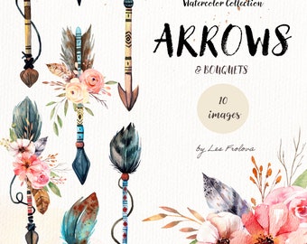 Watercolor Arrows Clipart Png. Tribal Ethnic Wedding Arrows Floral Bouquet Instant Download