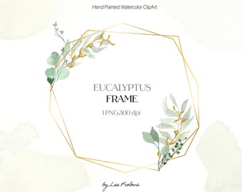 Watercolor Eucalyptus Frame Clipart, Digital Greenery Garland, Greenery Leaves Gold Frame, Wedding Eucalyptus PNG