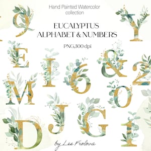 Alfabeto de eucalipto, conjunto de imágenes prediseñadas de números, letras verdes, alfabeto PNG de invitación de boda de eucalipto, imágenes prediseñadas de descarga digital