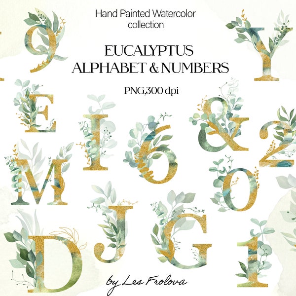 Eucalyptus Alphabet, Numbers Clipart Set, Greenery Letters, Eucalyptus Wedding invitation PNG Alphabet, Digital Download Clipart