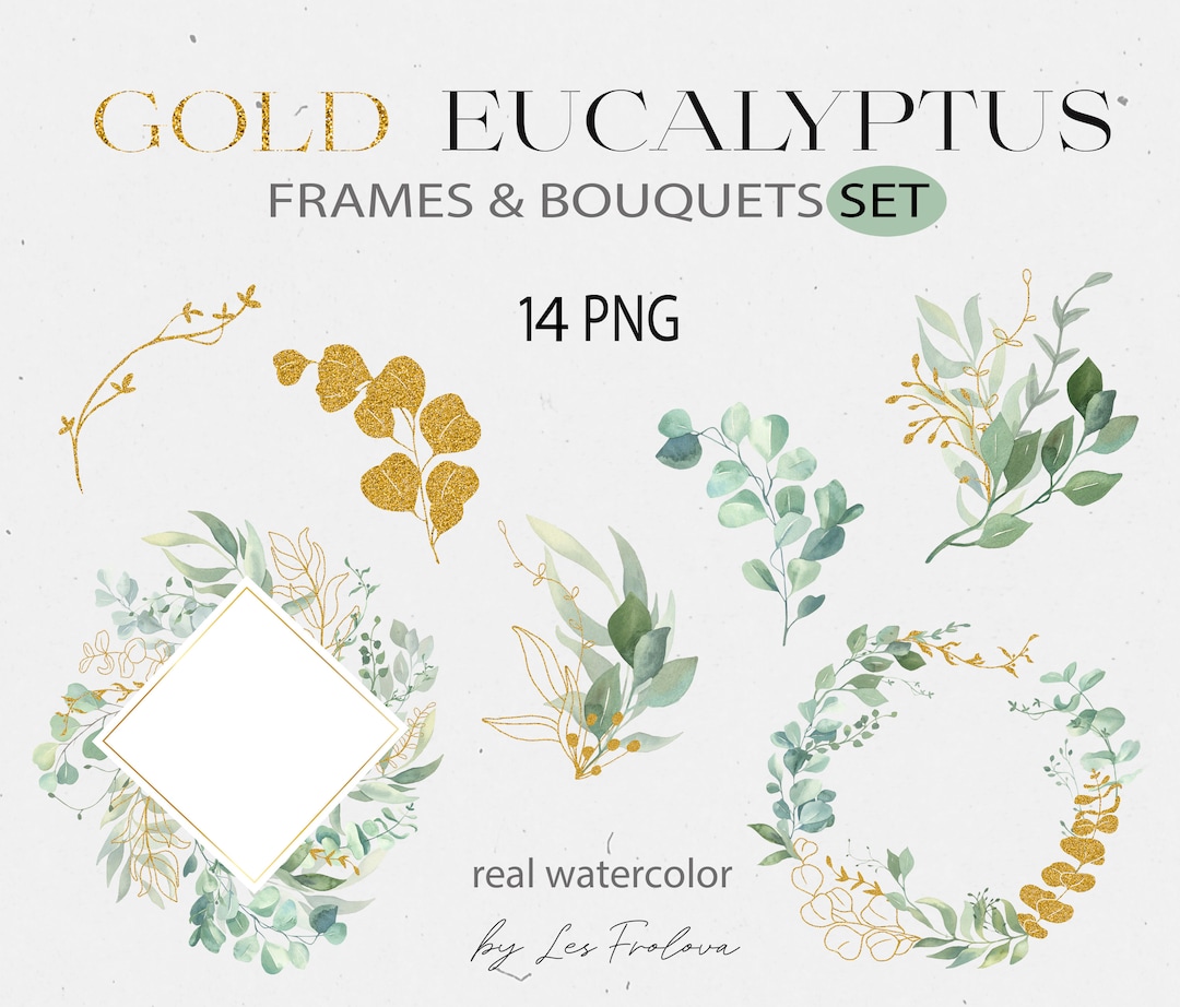 Watercolor Eucalyptus Bouquet, Gold Leaves Wreath Clipart, Greenery ...