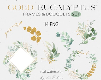 May include: A set of 14 gold eucalyptus frames and bouquets, featuring watercolor illustrations of green leaves and gold accents. The text "GOLD EUCALYPTUS FRAMES & BOUQUETS SET 14 PNG real watercolor by Les Frolova" is included in the image.